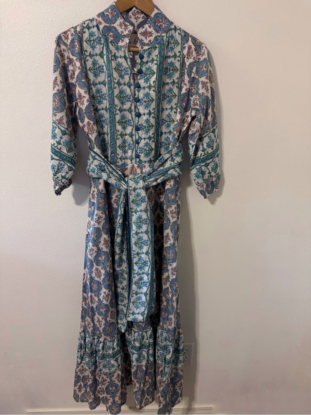 Fox & Hen State Street Maxi Hand Block Mixed Blue Floral Waist Tie India-Medium